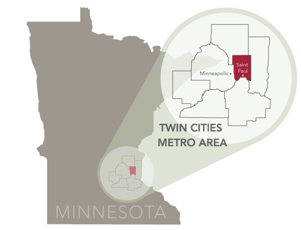 Ramsey County location map within Minnesota and the seven county metro. 