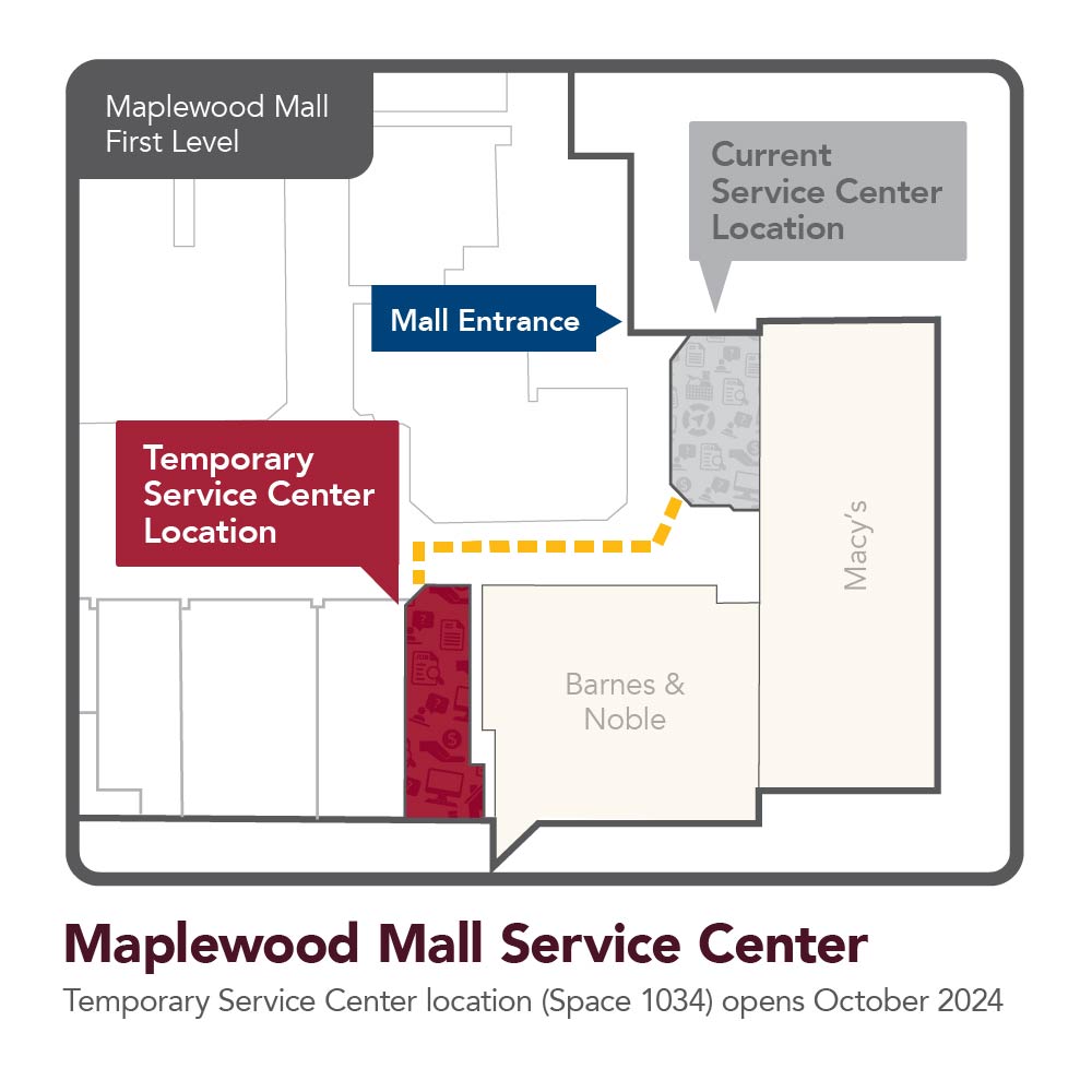 Map of Maplewood Mall showing distance between current Service Center and the temporary location (Ste. 1034)