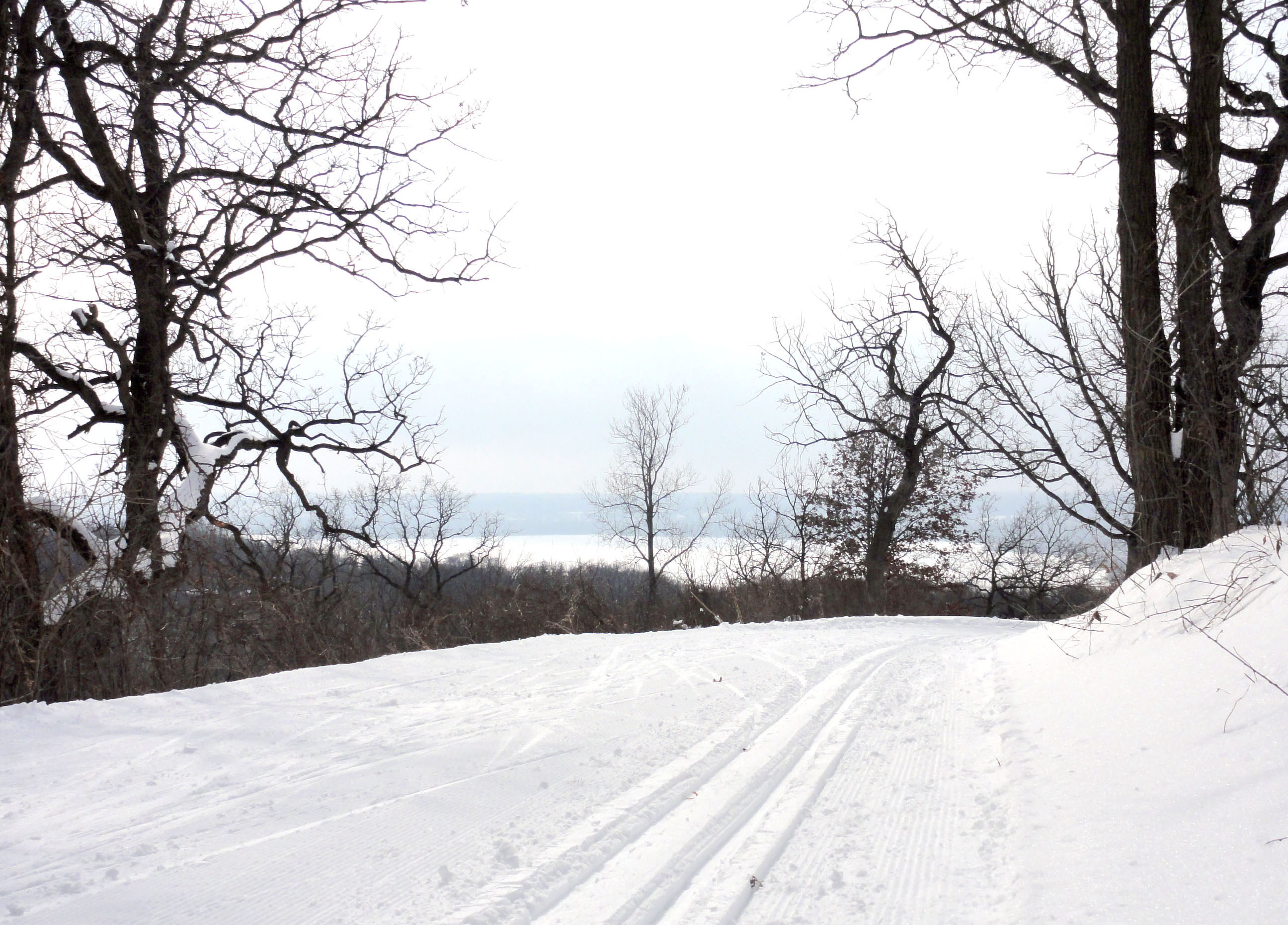 Battle Creek Regional park trail covered in snow showing the bluffs.