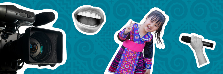 A camera, mouth, girl in Hmong dress, and hand holding a microphone on a patterned blue background.