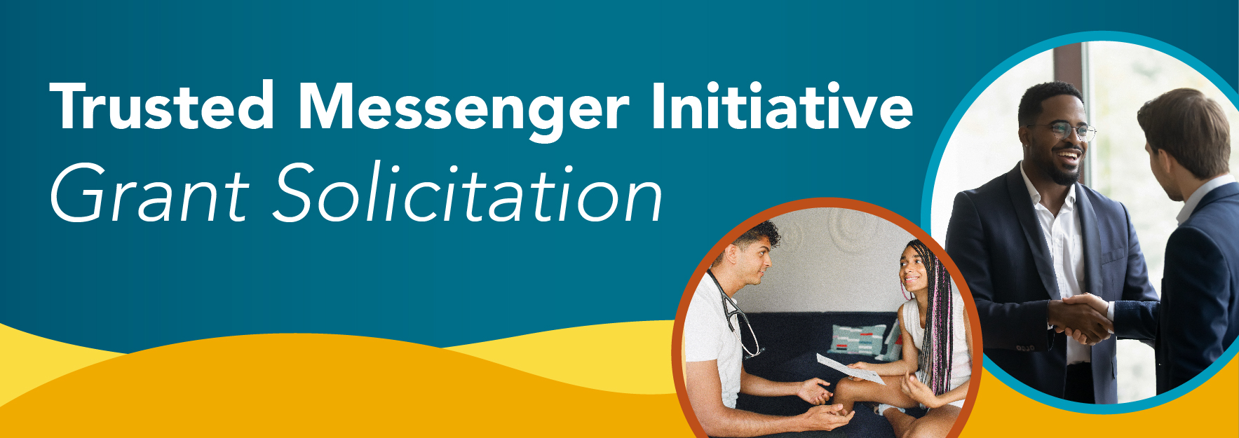 Trusted Messenger: Public Health Initiative webpage banner with photos of people shaking hands and talking in a medical setting on a blue and yellow background