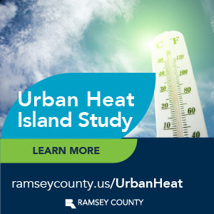 Blue and green squares with two rounded corners each on a background of a sunny sky with a thermometer showing a high temperature reading. Text reads: Urban Heat Island Study. Learn more. ramseycounty.us/UrbanHeat