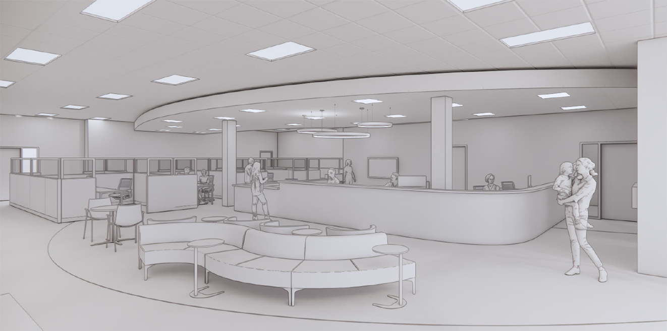 A digitally rendered architectural visualization of a modern office or medical reception area. The space features a large curved reception desk with staff seated behind computers, a waiting area with curved seating and small tables, and semi-private cubic