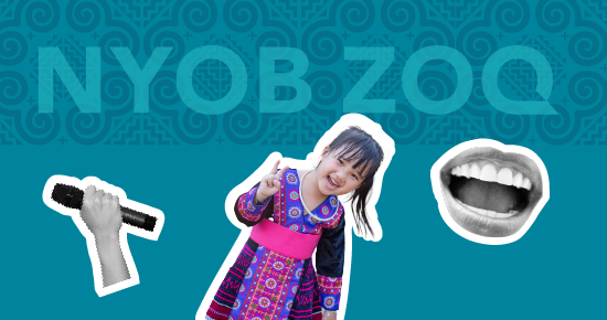 Nyob Zoo and icons of a hand holding a microphone, girl in a Hmong dress, and a mouth on a blue patterned background.