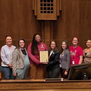 2 people jointly holding a proclamation in the Ramsey County Chambers. 4 people are standing in a row on the left and 5 people are on the right.